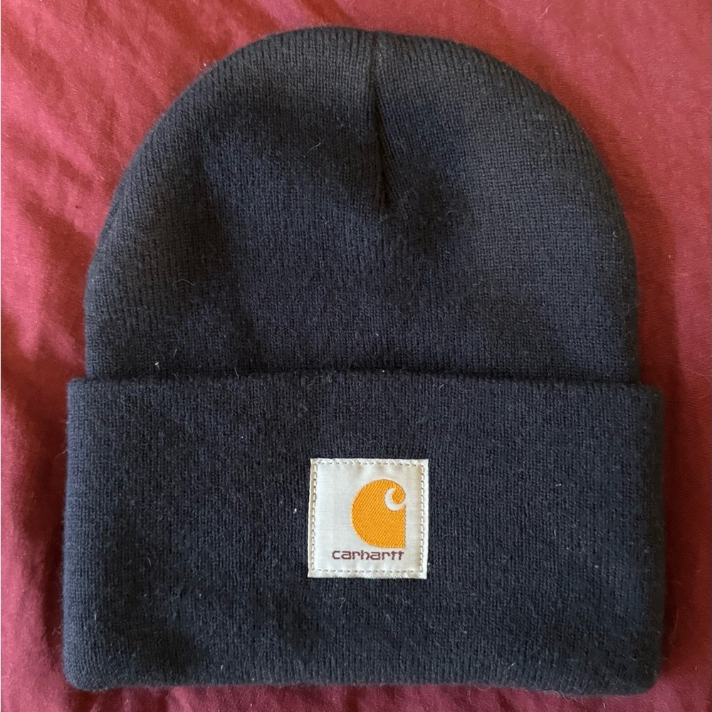 Carhartt Navy Blue Knit Cuffed Beanie with Gold Logo Patch
